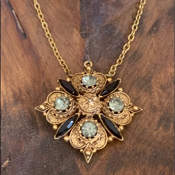 Florenza Vintage Estate Gray & Black Stone Gold Tone Ornate Designer Necklace - Picture 1 of 9